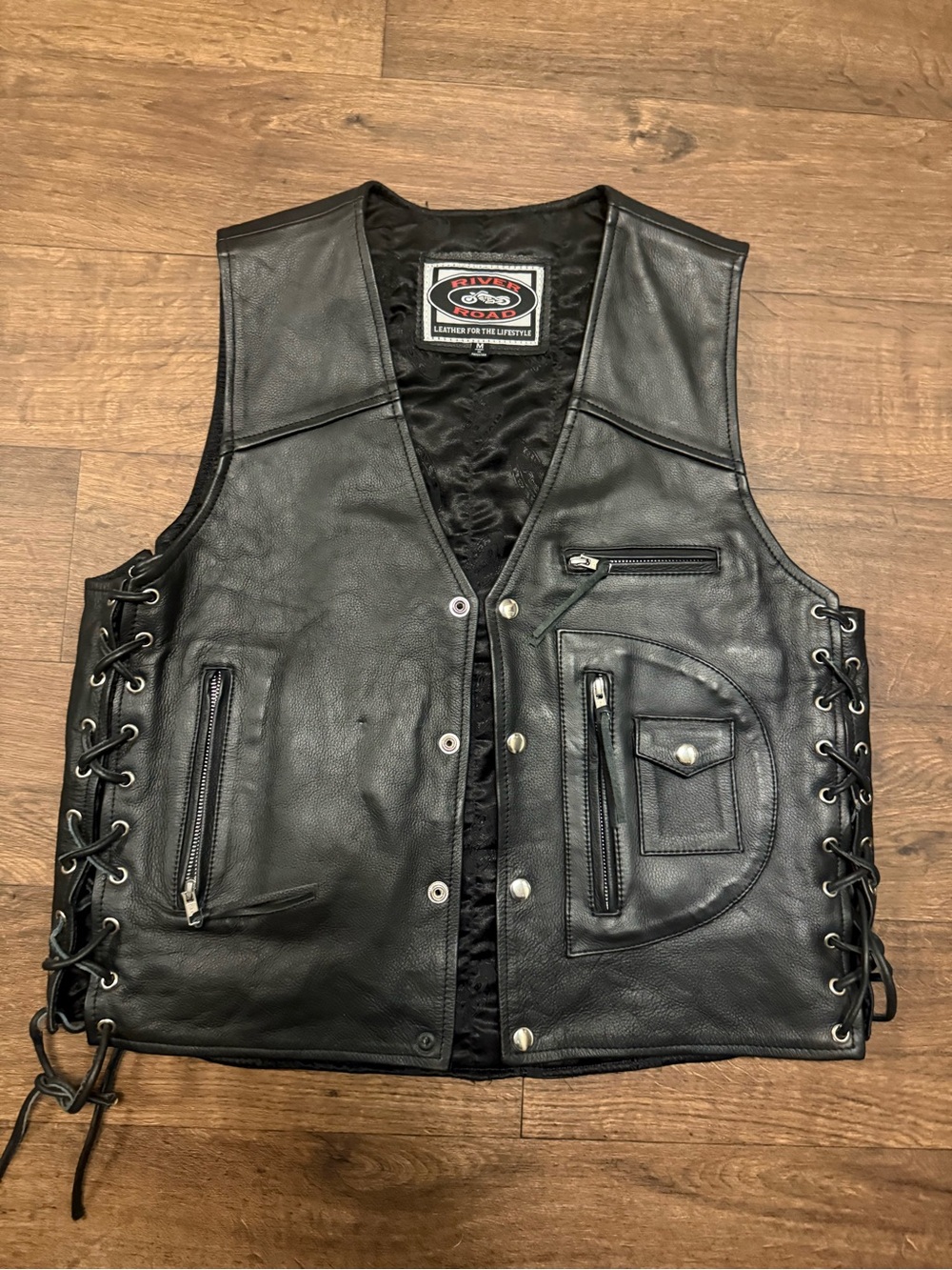 River Road Black Leather Biker Vest with Lace-up Sides size M
